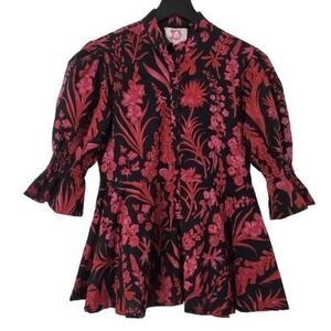 Victoria Dunn Legare Peplum Blouse Floral Puff Sleeve Cottage Boho Pink Black XS